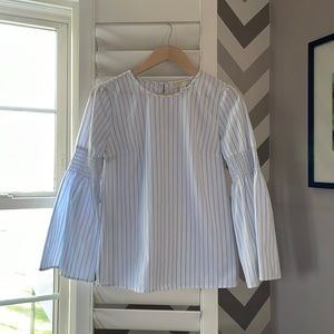 MICHAEL Michael Kors: White with light blue pinstripe blouse, detailed sleeves